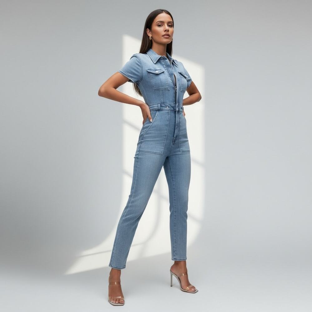 Good American Fit For Success Denim Jumpsuit Light Wash Size Large NWT